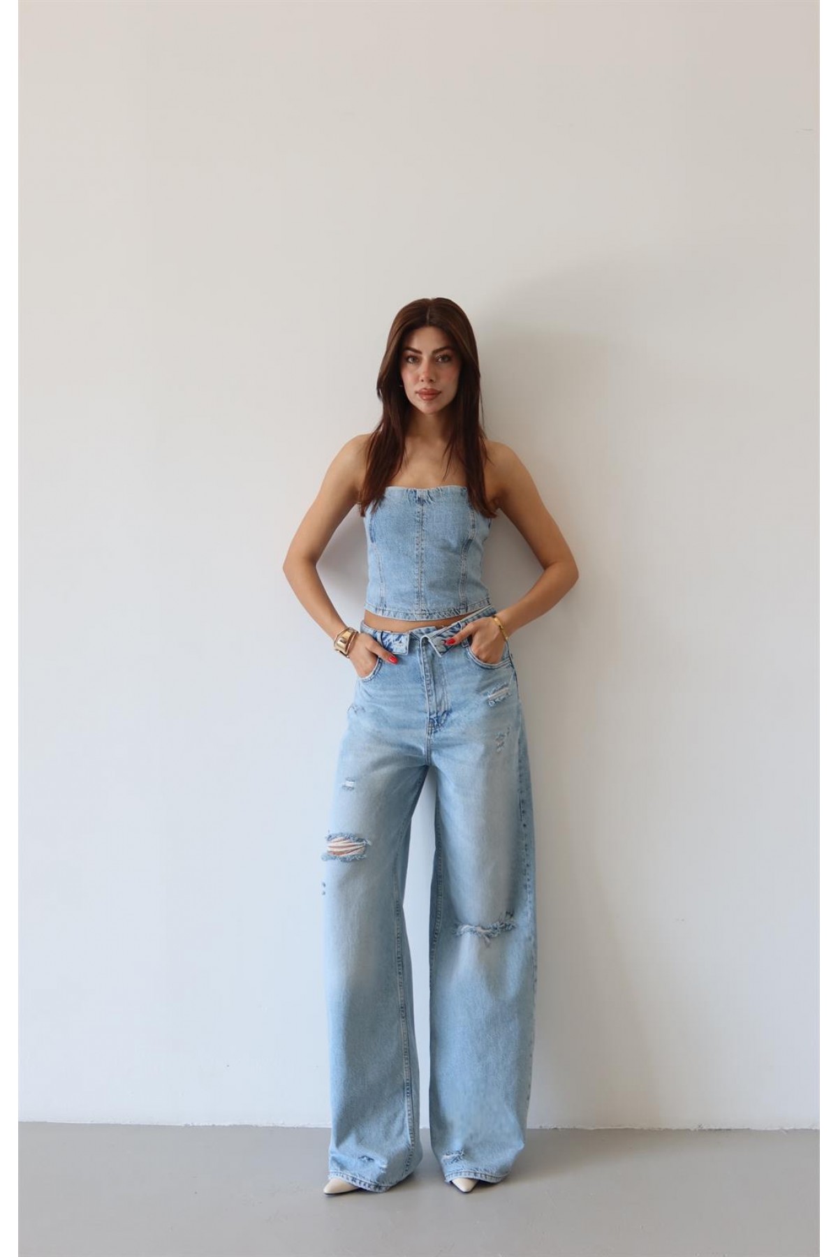 Yüksek Bel Lazer Detaylı Wide Leg Kalıp Ice Blue Lazerli Jean Pantolon