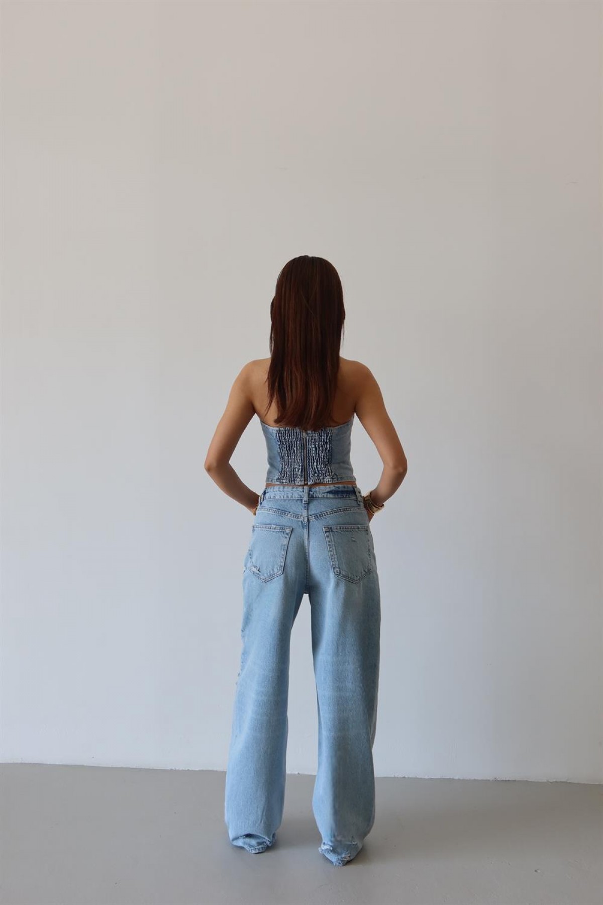 Yüksek Bel Lazer Detaylı Wide Leg Kalıp Ice Blue Lazerli Jean Pantolon