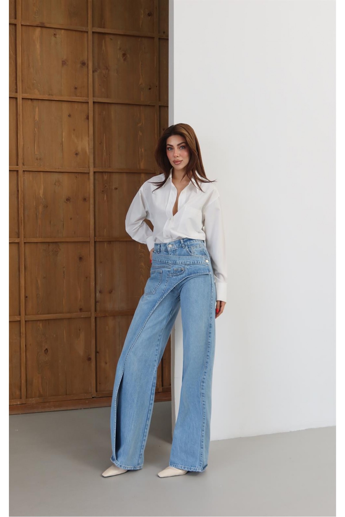 Yüksek Bel Ön Çapraz Kapama Detaylı Blue Jean Pantolon