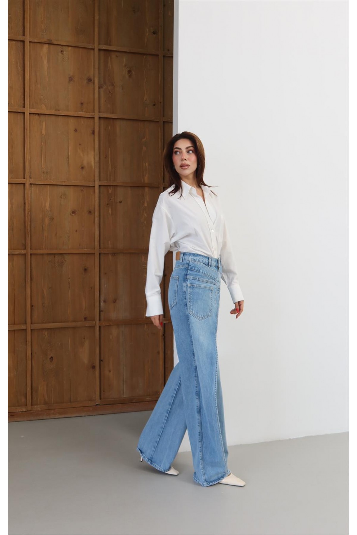 Yüksek Bel Ön Çapraz Kapama Detaylı Blue Jean Pantolon