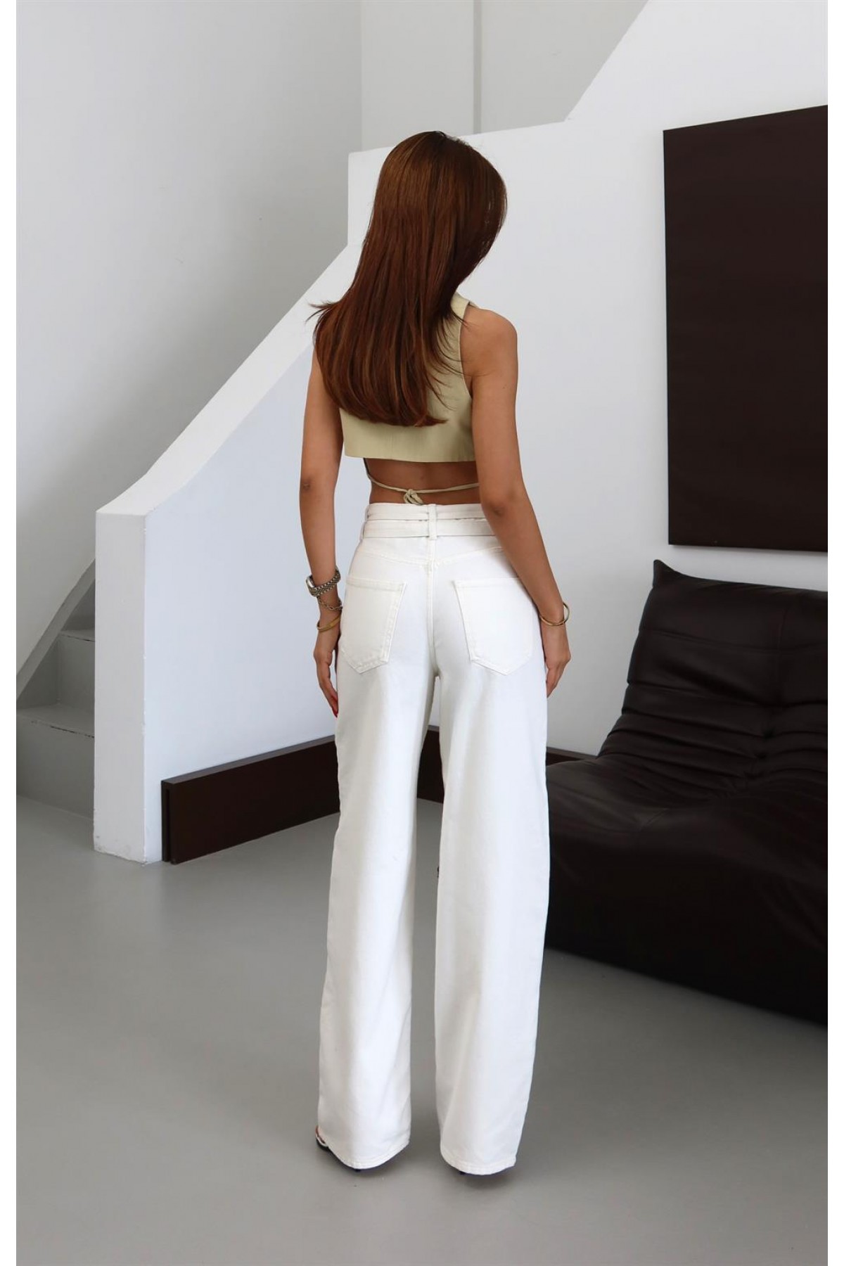 Baggy Kalıp Çift Kemer Detaylı Ekru Jean Pantolon 