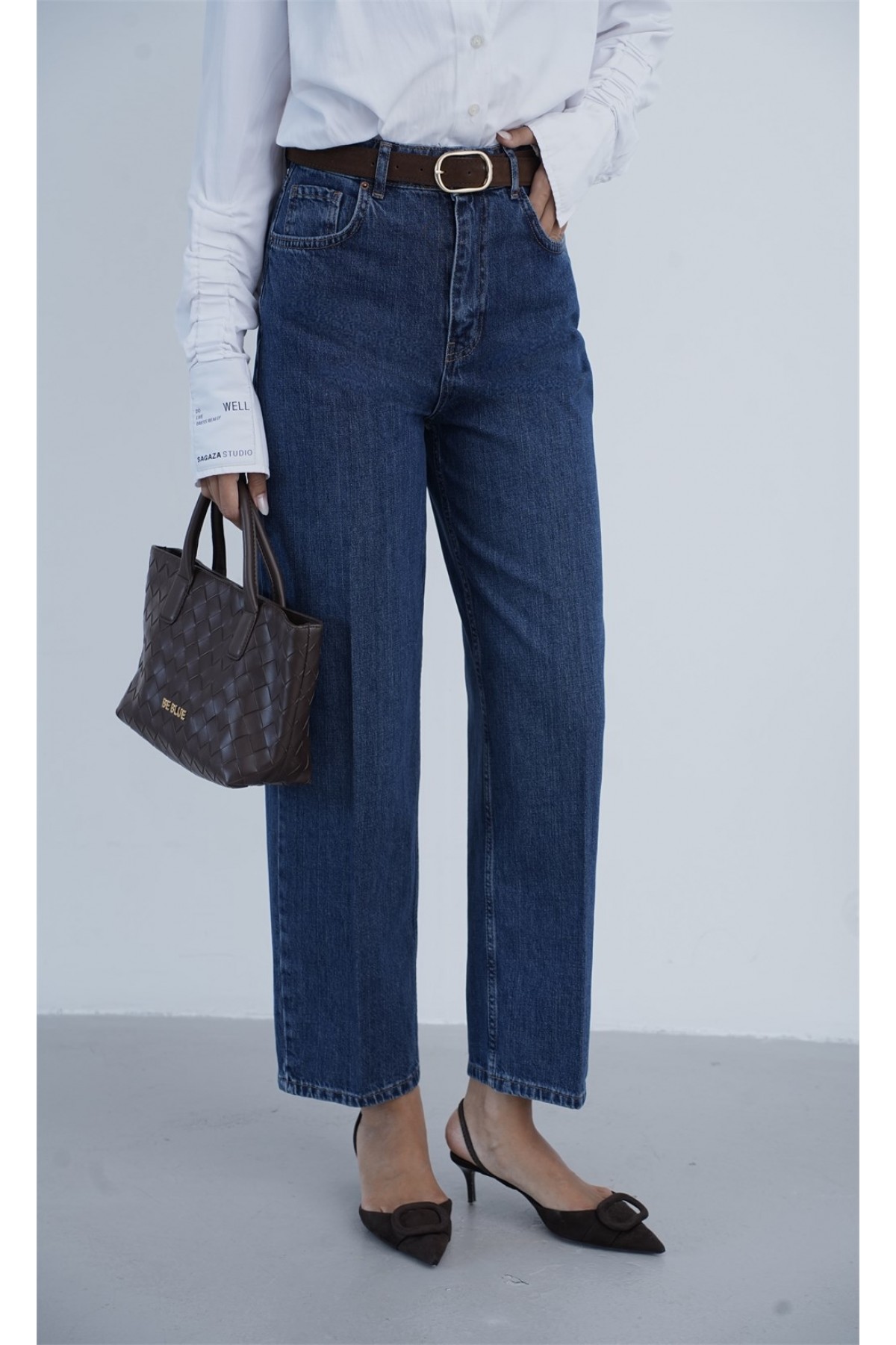 Yüksek Bel Kemer Detaylı Balon Kalıp Dark Blue Jean Pantolon
