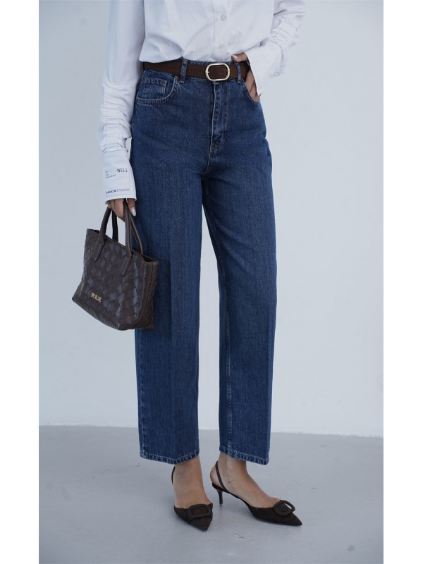 Yüksek Bel Kemer Detaylı Balon Kalıp Dark Blue Jean Pantolon