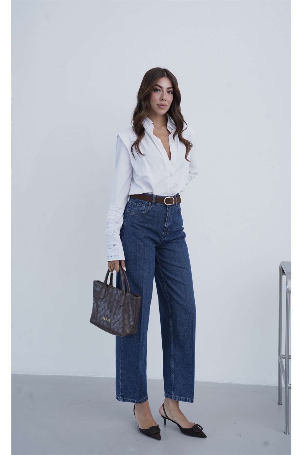 Yüksek Bel Kemer Detaylı Balon Kalıp Dark Blue Jean Pantolon