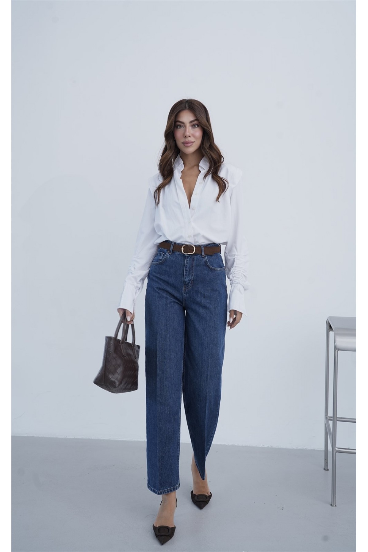 Yüksek Bel Kemer Detaylı Balon Kalıp Dark Blue Jean Pantolon