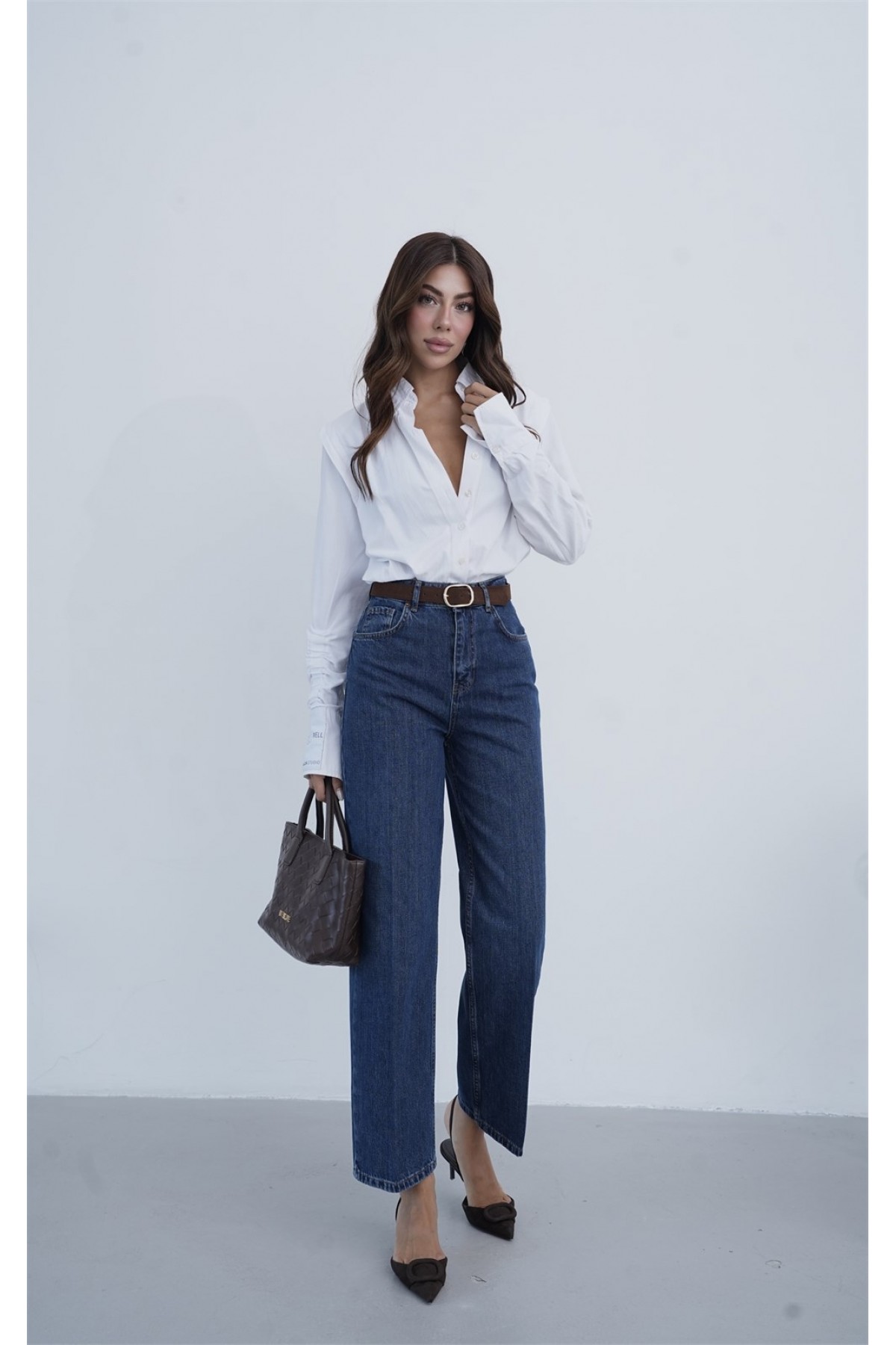 Yüksek Bel Kemer Detaylı Balon Kalıp Dark Blue Jean Pantolon