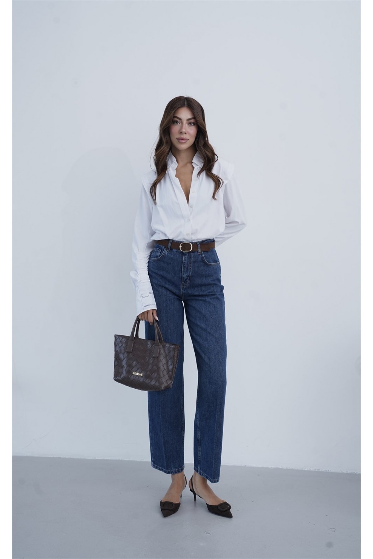 Yüksek Bel Kemer Detaylı Balon Kalıp Dark Blue Jean Pantolon