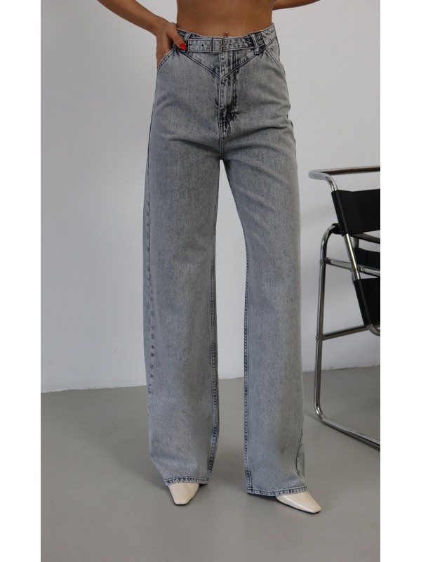 Yüksek Bel Wideleg Kalıp Kemer Toka Detalı Gri Jean Pantolon