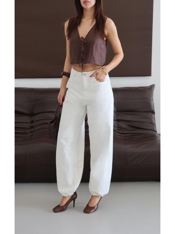 Yüksek Bel Balon Kalıp Paça Lastikli Ekru Jean Pantolon