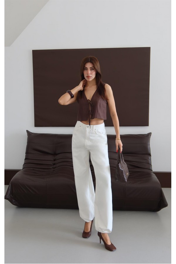 Yüksek Bel Balon Kalıp Paça Lastikli Ekru Jean Pantolon