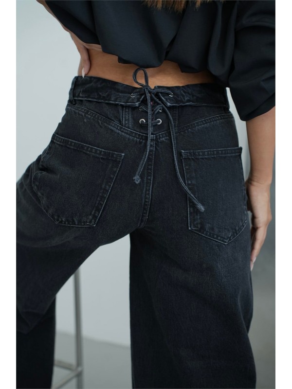 Yüksek Bel Ters  Kemer Bel İp Detaylı Black Jean Pantolon