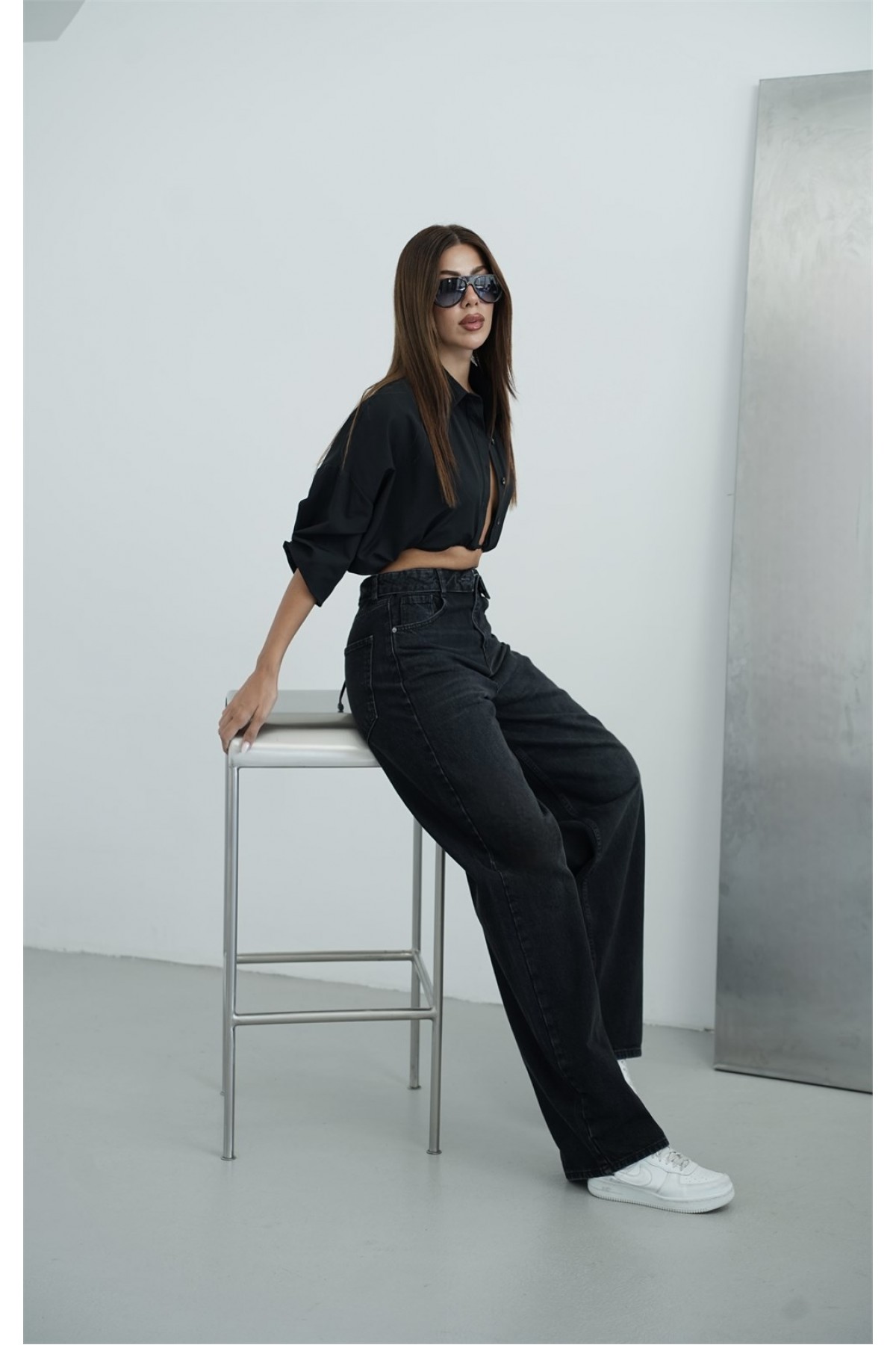Yüksek Bel Ters  Kemer Bel İp Detaylı Black Jean Pantolon