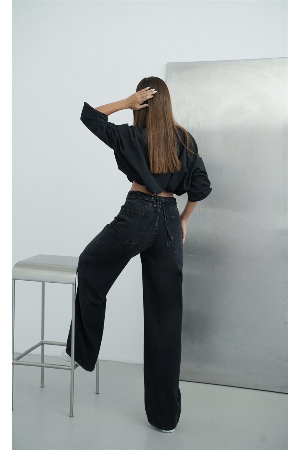 Yüksek Bel Ters  Kemer Bel İp Detaylı Black Jean Pantolon
