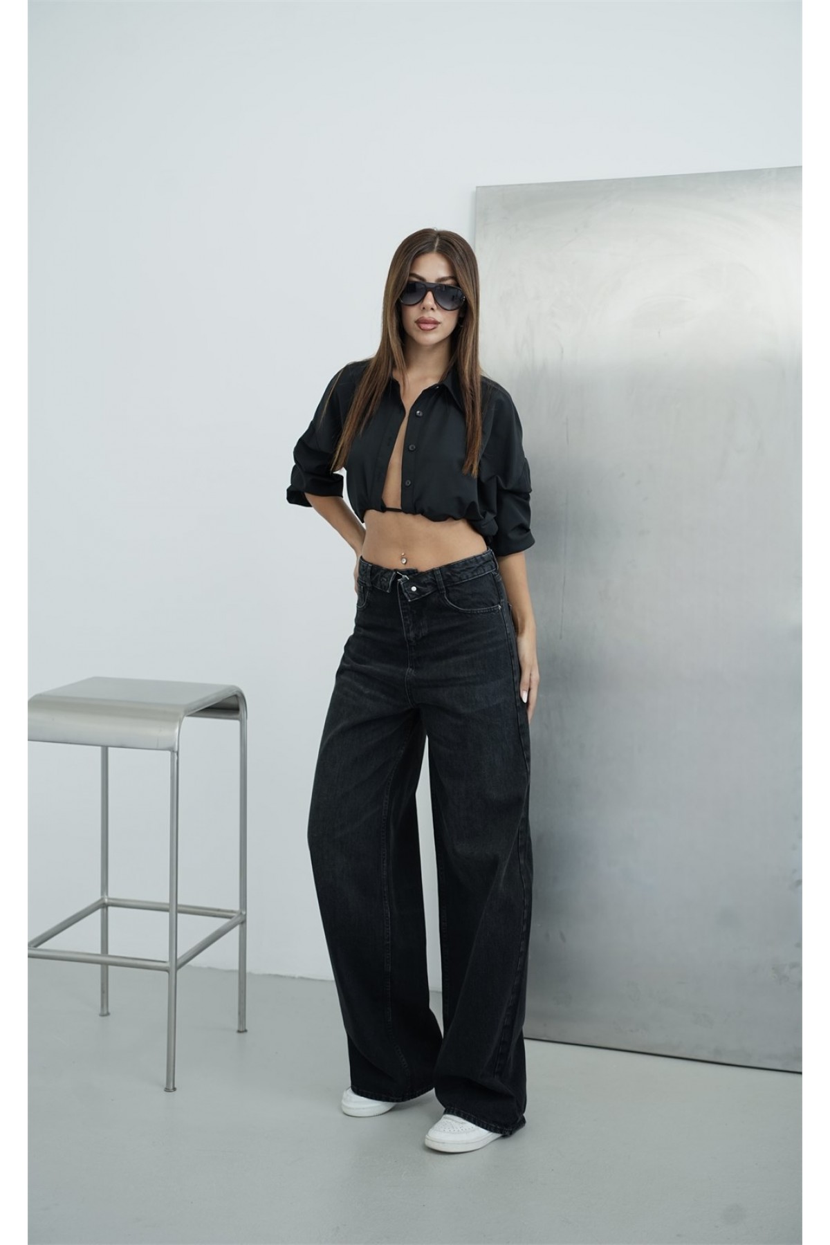 Yüksek Bel Ters  Kemer Bel İp Detaylı Black Jean Pantolon