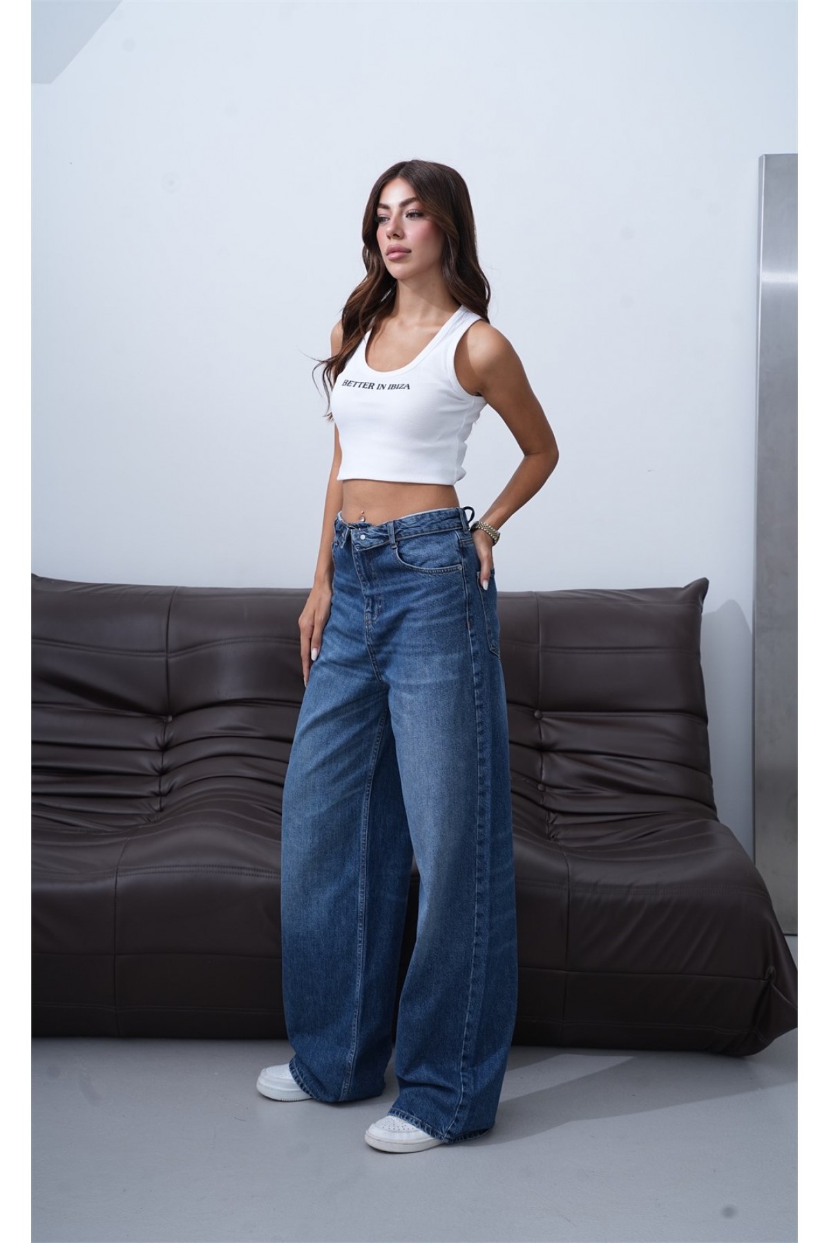 Yüksek Bel Ters  Kemer Bel İp Detaylı Dark Blue Jean Pantolon