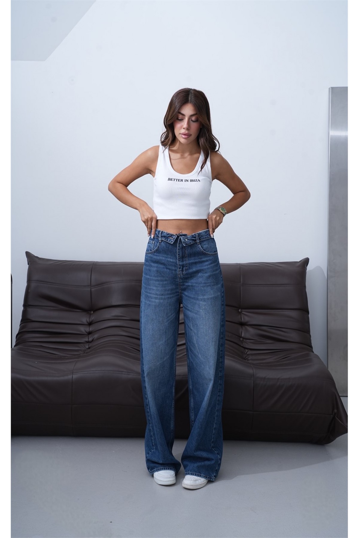 Yüksek Bel Ters  Kemer Bel İp Detaylı Dark Blue Jean Pantolon
