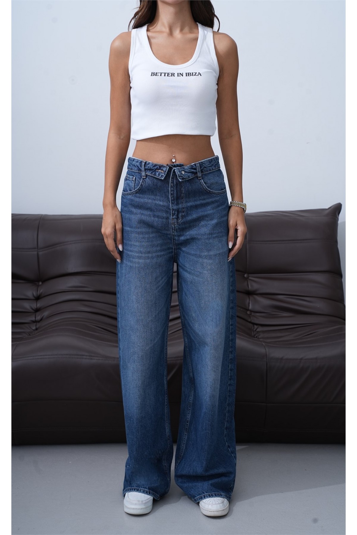 Yüksek Bel Ters  Kemer Bel İp Detaylı Dark Blue Jean Pantolon