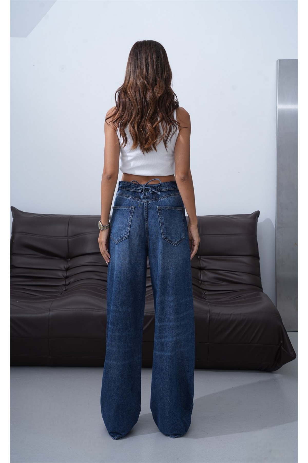 Yüksek Bel Ters  Kemer Bel İp Detaylı Dark Blue Jean Pantolon