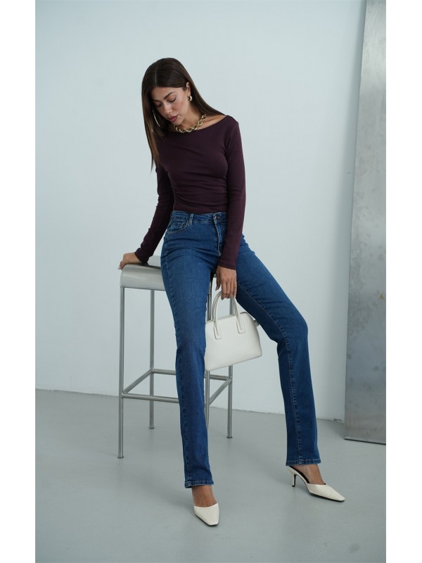 Yüksek Bel Klasik Kesim Dark Blue Tint Kadın Jean Pantolon 