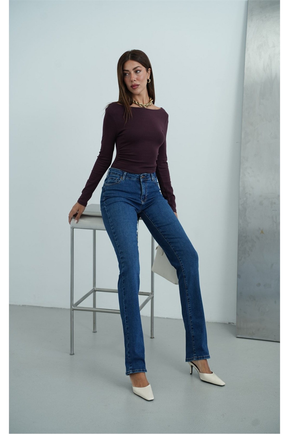 Yüksek Bel Klasik Kesim Dark Blue Tint Kadın Jean Pantolon 