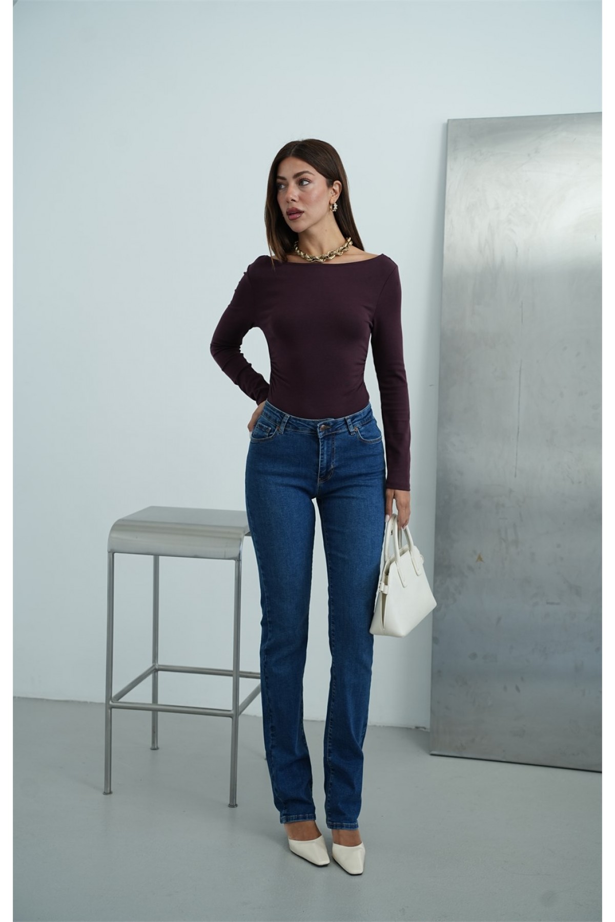 Yüksek Bel Klasik Kesim Dark Blue Tint Kadın Jean Pantolon 