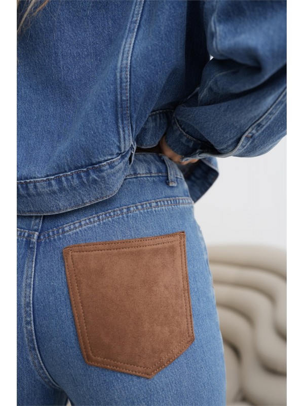 Yüksek Bel Arka Cep Süet Detaylı Wide Leg Kalıp Dark Blue Jean Pantolon