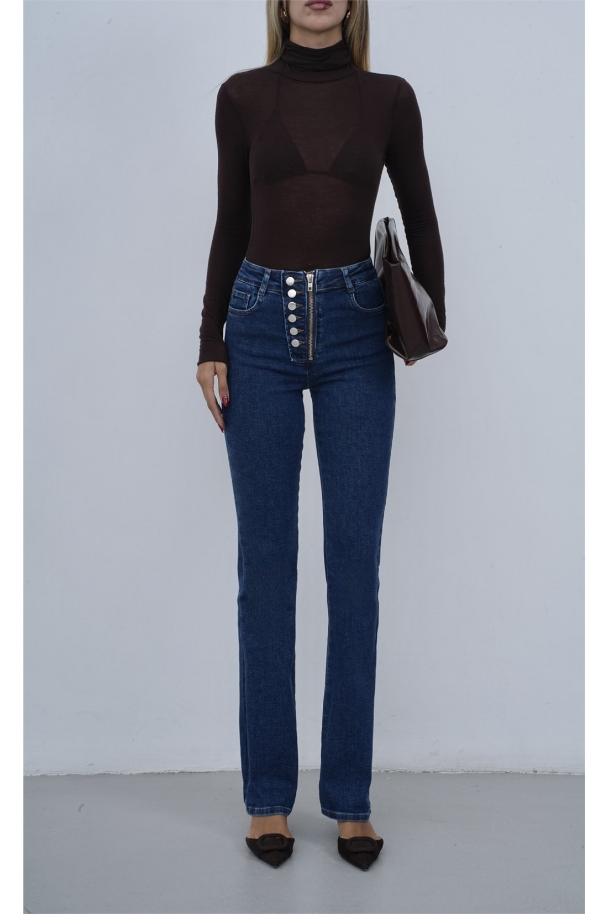 Yüksek Bel Önden Düğme Detaylı Fermuarlı Yarım Boru Paça Dark Blue Jean Pantolon