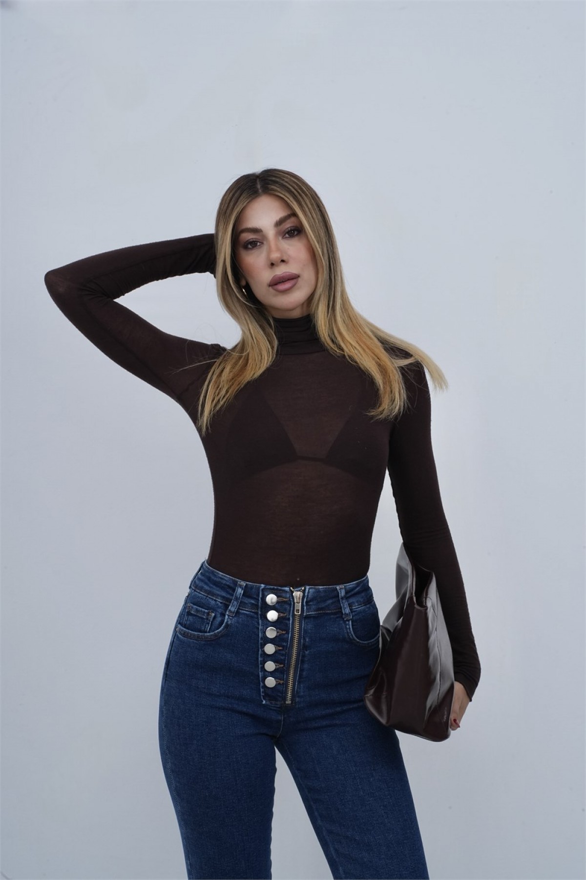 Yüksek Bel Önden Düğme Detaylı Fermuarlı Yarım Boru Paça Dark Blue Jean Pantolon