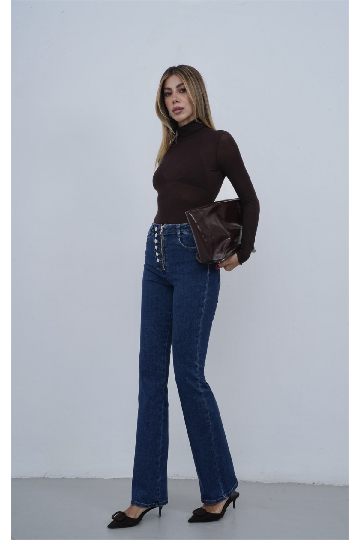 Yüksek Bel Önden Düğme Detaylı Fermuarlı Yarım Boru Paça Dark Blue Jean Pantolon