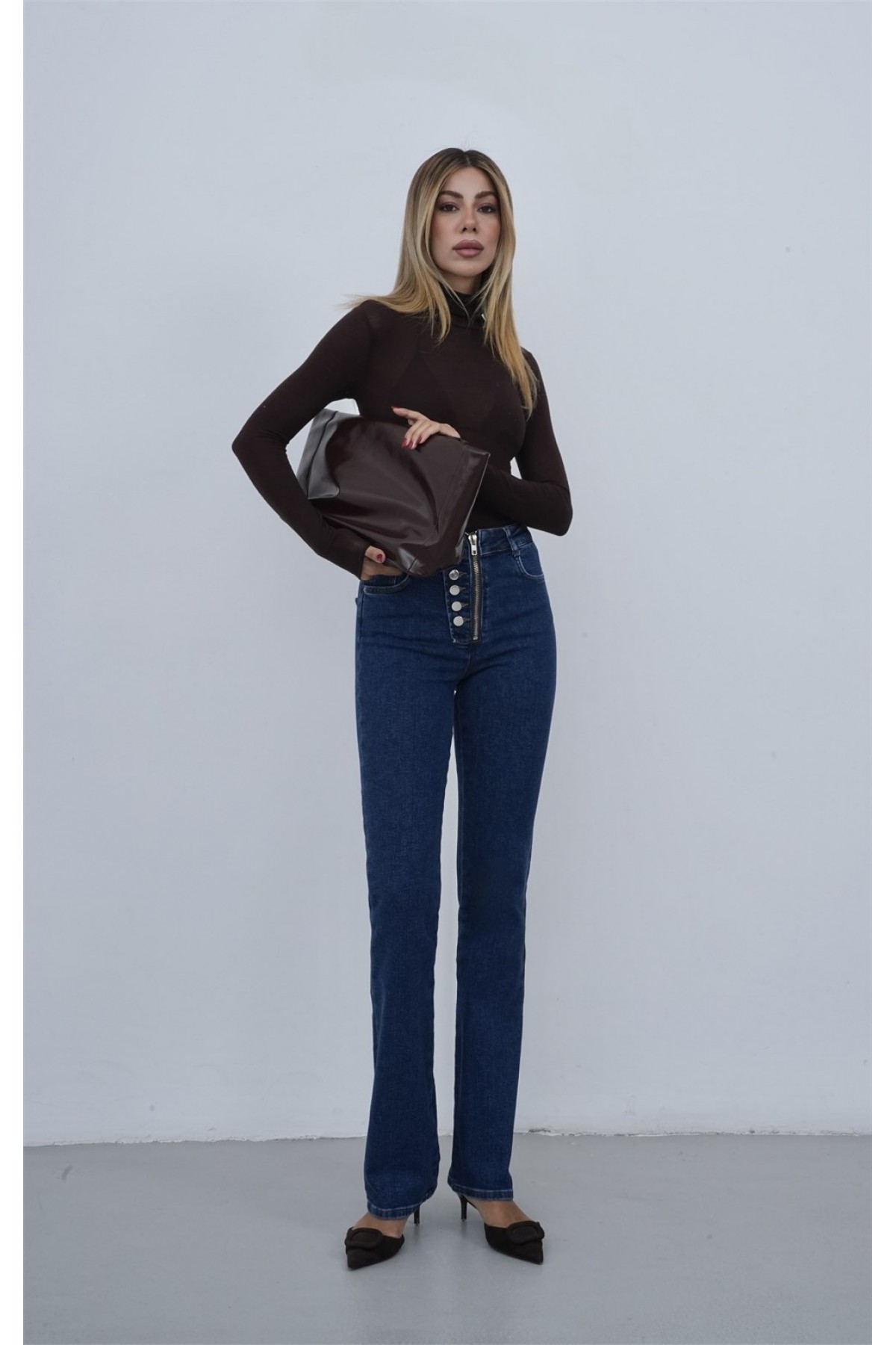 Yüksek Bel Önden Düğme Detaylı Fermuarlı Yarım Boru Paça Dark Blue Jean Pantolon