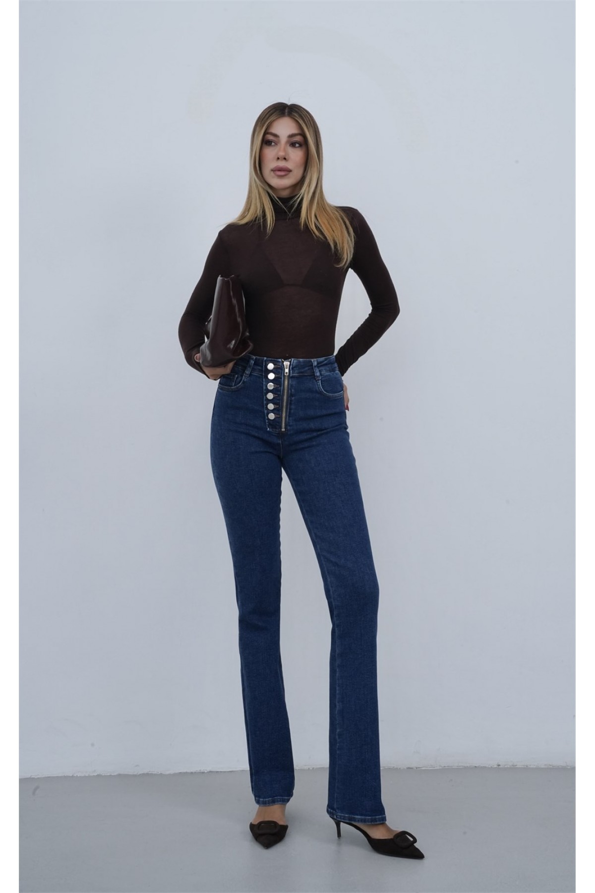 Yüksek Bel Önden Düğme Detaylı Fermuarlı Yarım Boru Paça Dark Blue Jean Pantolon