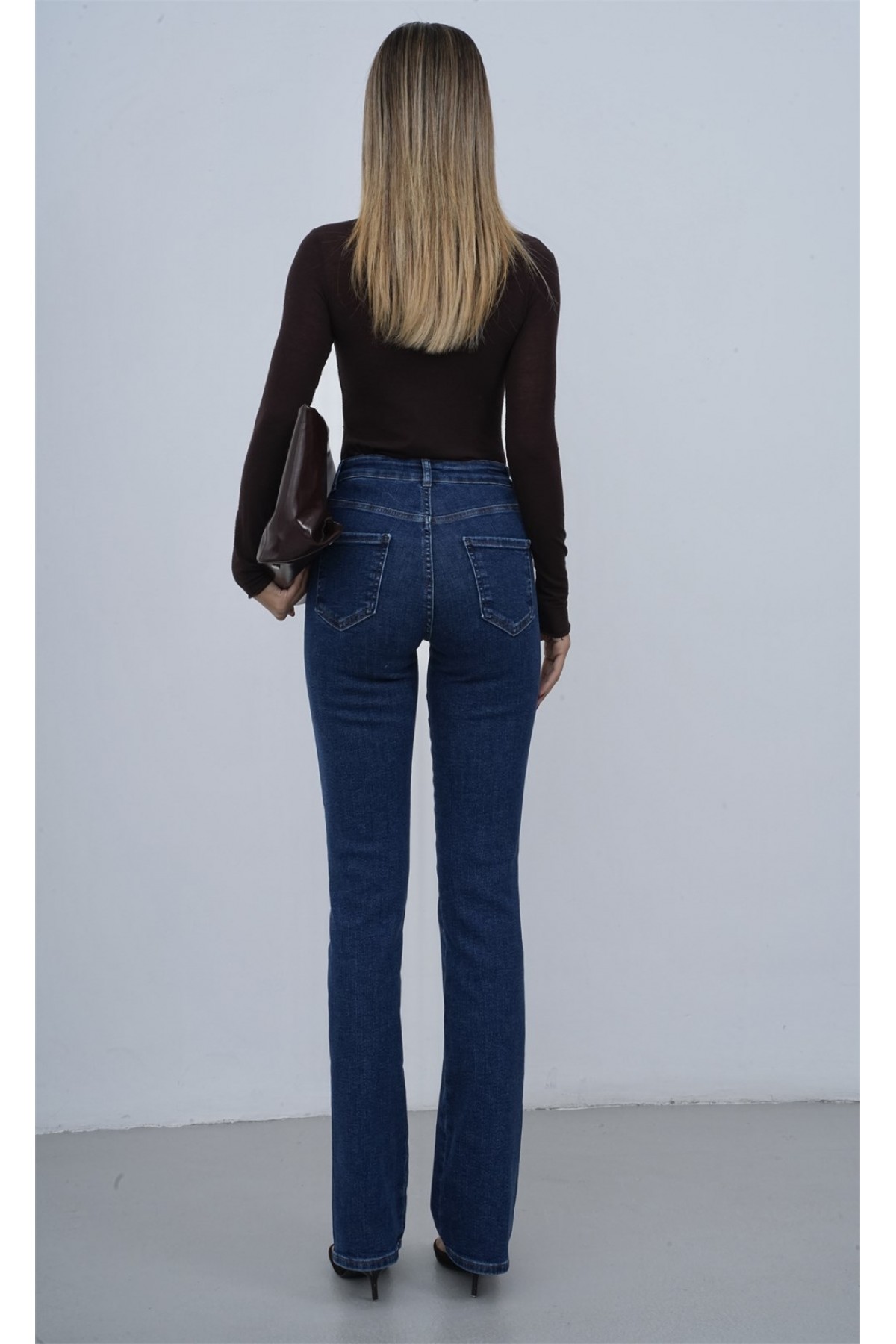 Yüksek Bel Önden Düğme Detaylı Fermuarlı Yarım Boru Paça Dark Blue Jean Pantolon