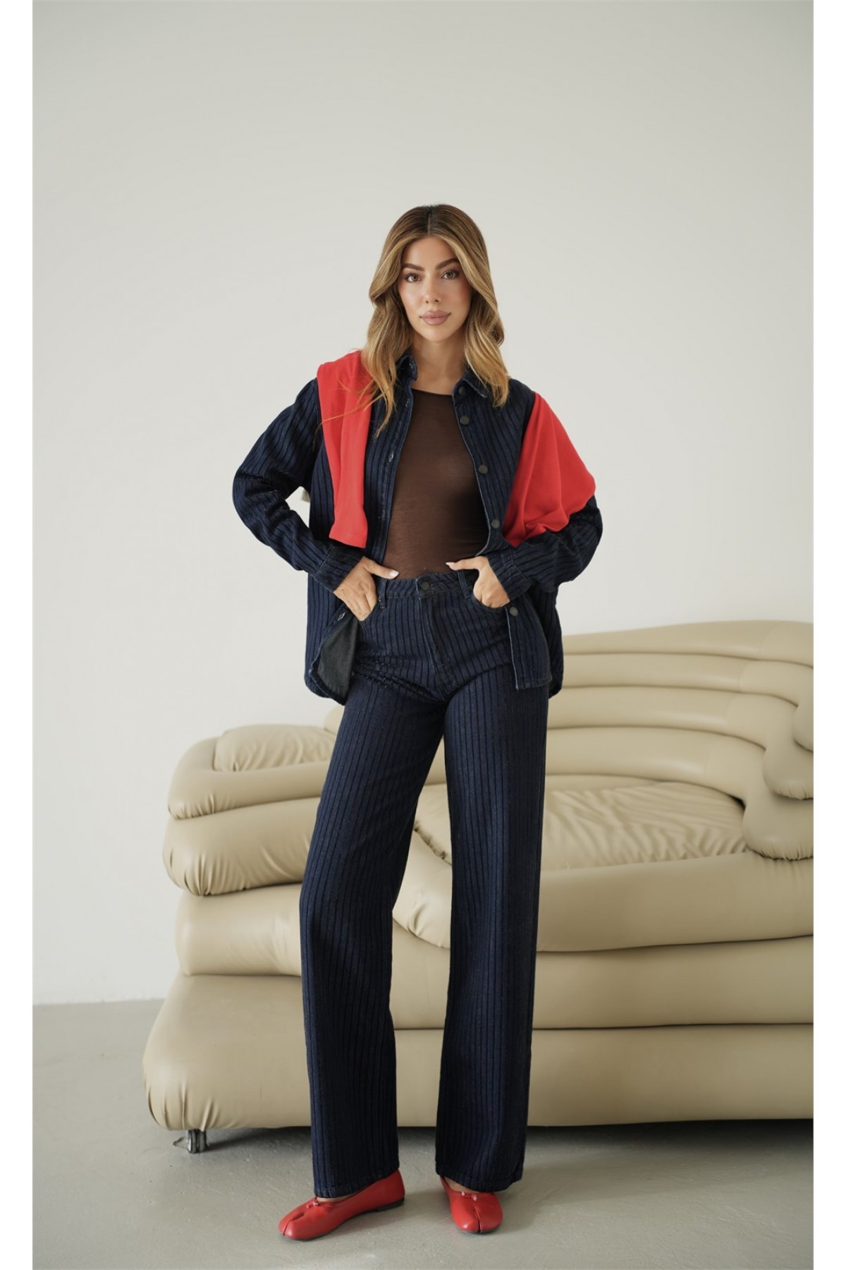 Wıde Leg Kalıp Simli Flok Kumaş Kadın Navy Blue Jean 