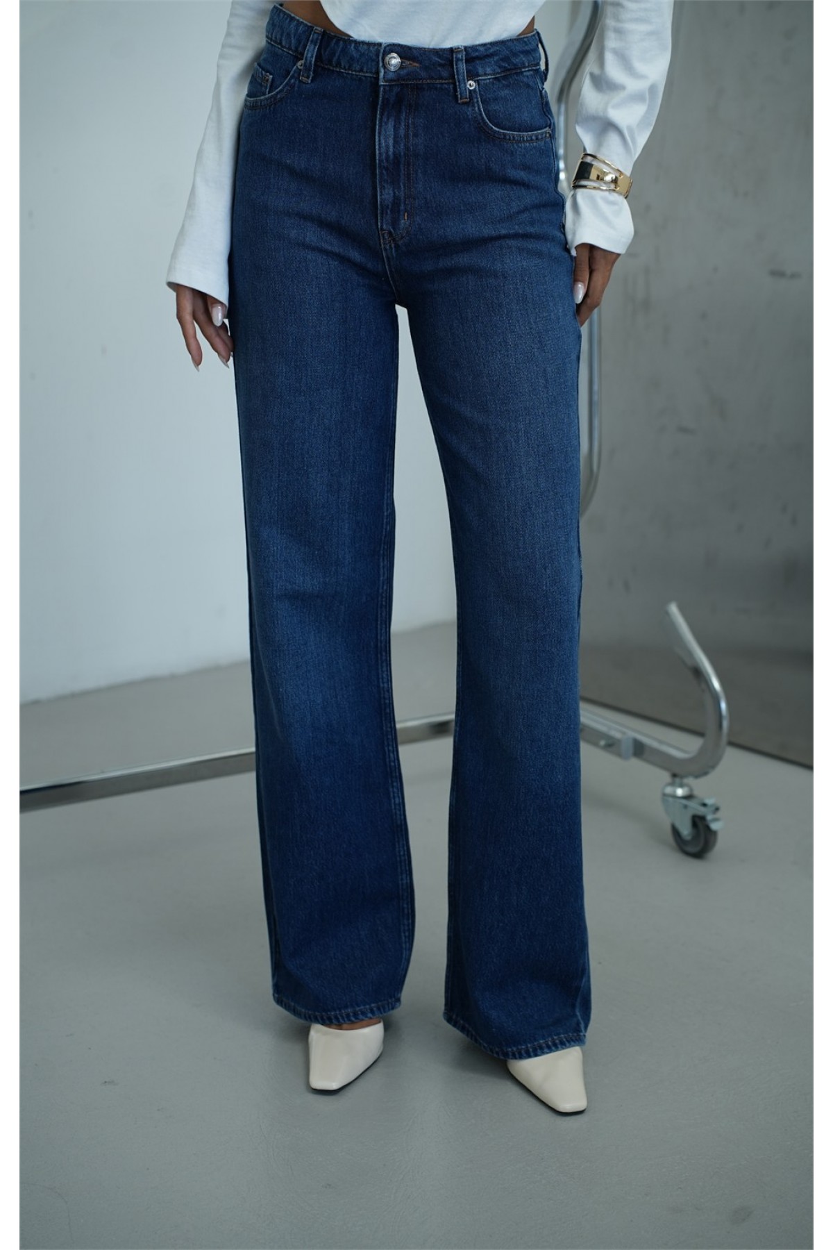 Yüksek Bel Wide Leg Kalıp Dark blue Jean Pantolon