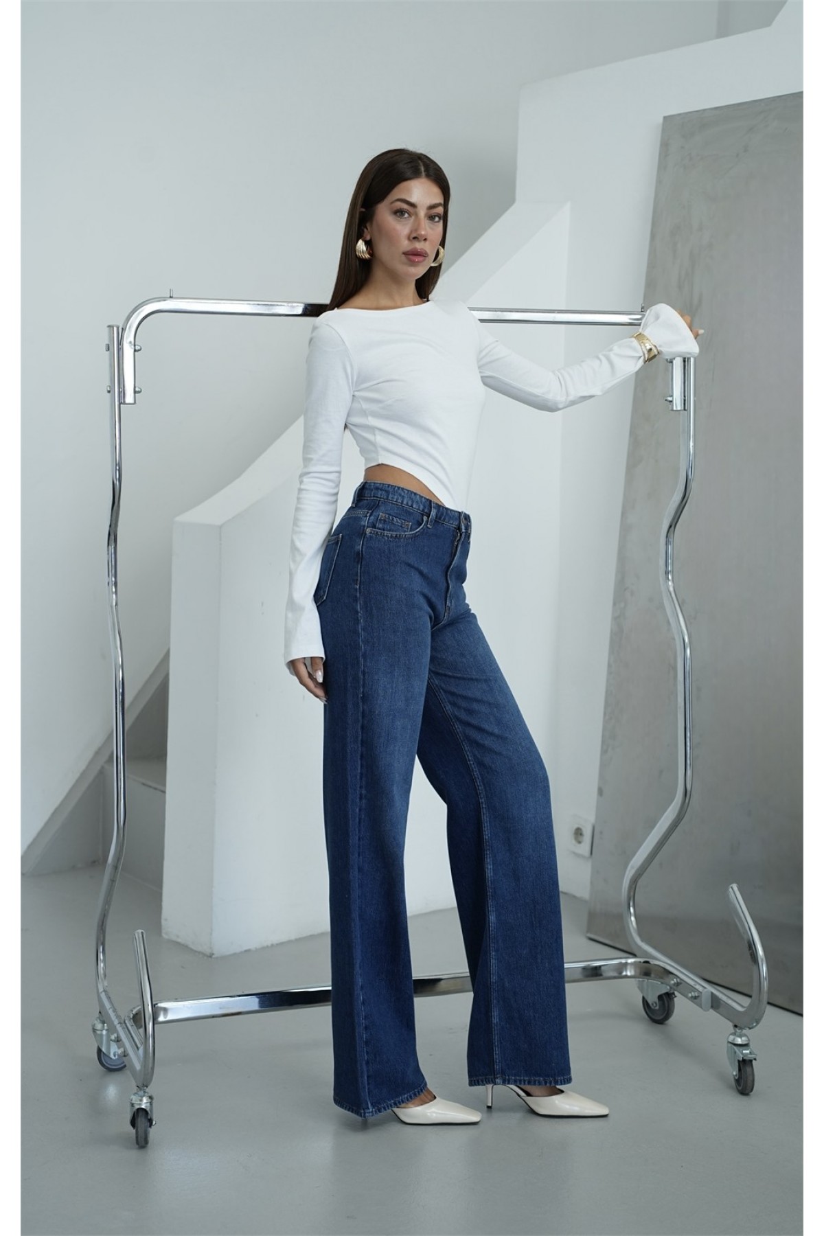 Yüksek Bel Wide Leg Kalıp Dark blue Jean Pantolon