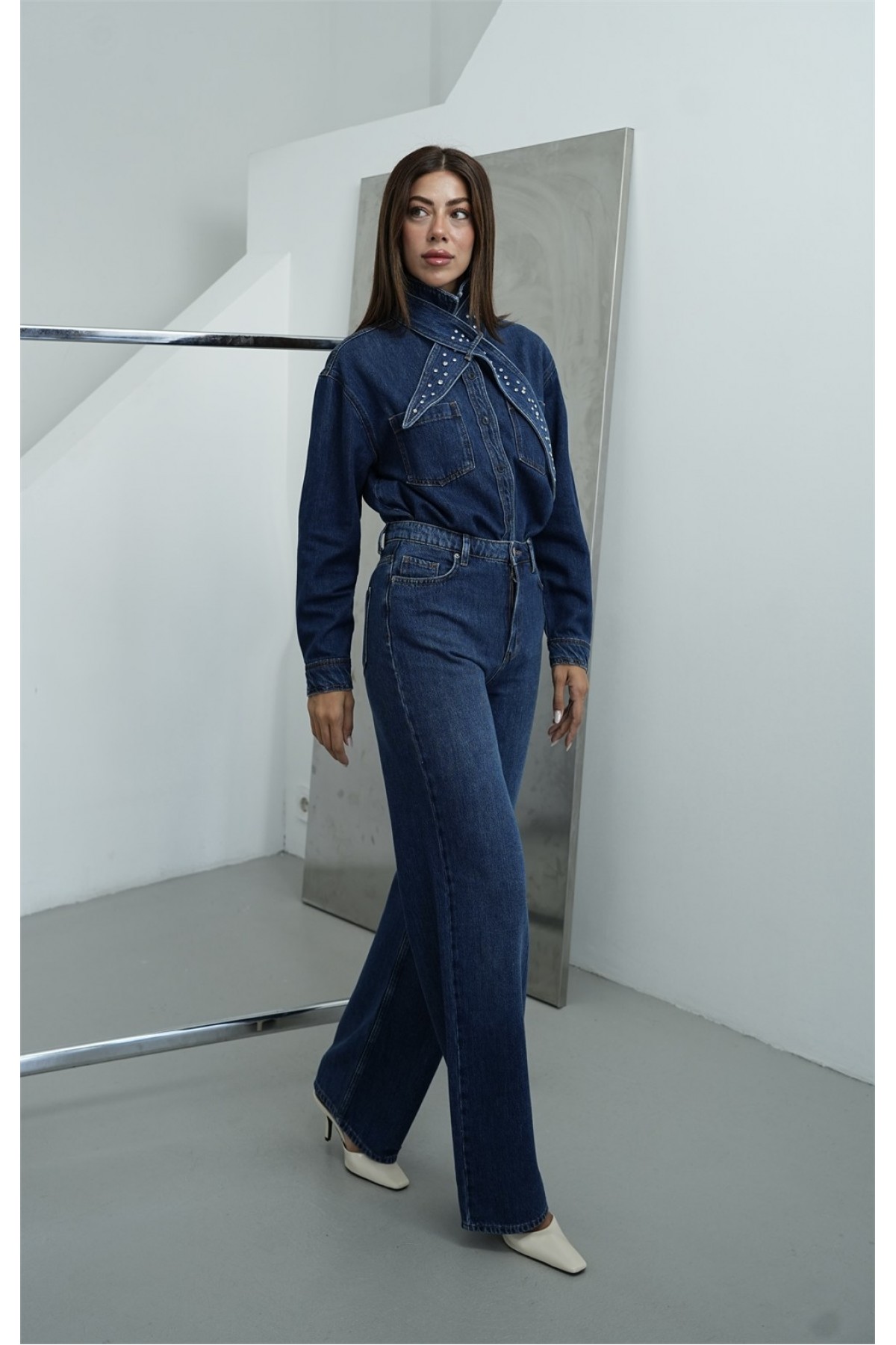 Yüksek Bel Wide Leg Kalıp Dark blue Jean Pantolon