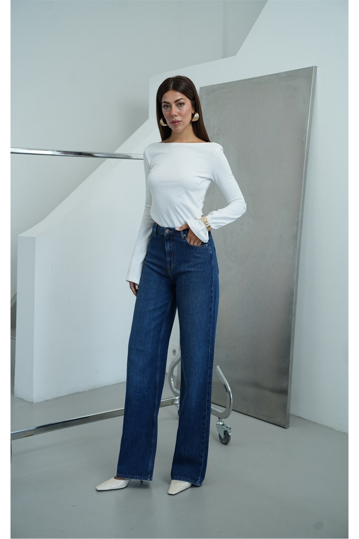 Yüksek Bel Wide Leg Kalıp Dark blue Jean Pantolon