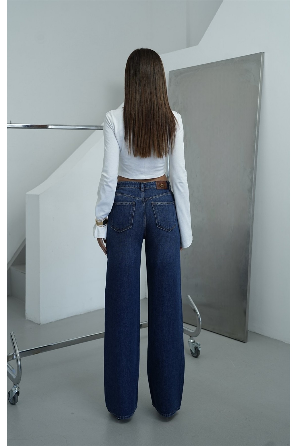 Yüksek Bel Wide Leg Kalıp Dark blue Jean Pantolon