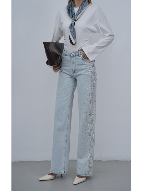 Yüksek Bel Wide Leg Kalıp Yandan Metal Taş Detaylı Light Blue Jean Pantolon
