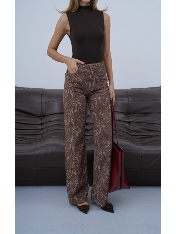 Wide Leg Kalıp Şal Desen Detaylı Kadın Jean Pantolon