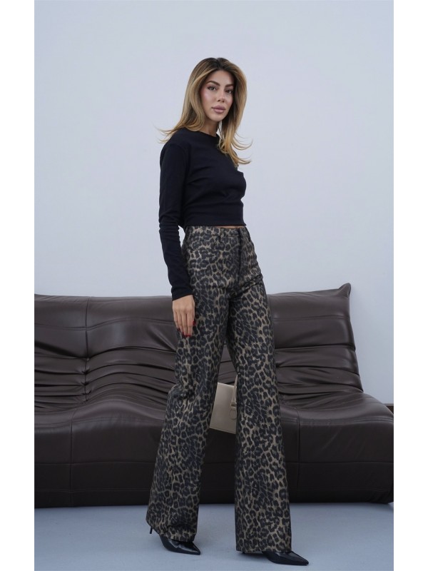 Yüksek Bel Wide Leg Kalıp Leopar Kaplama Kumaş Kadın Leopar Jean Pantolon