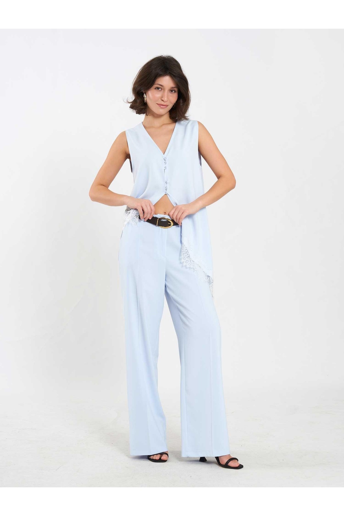 031661 Düz Kesim Kemerli  Pantolon