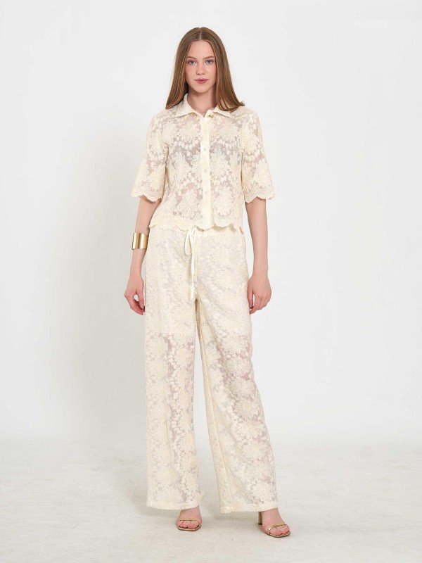 031669 Dantel Görünümlü Beli Bağlamalı Astarlı Pantolon