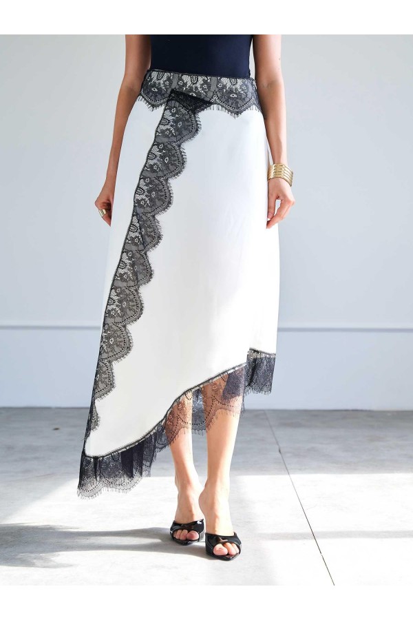 041198 Dantel Detaylı Asimetrik Midi Etek