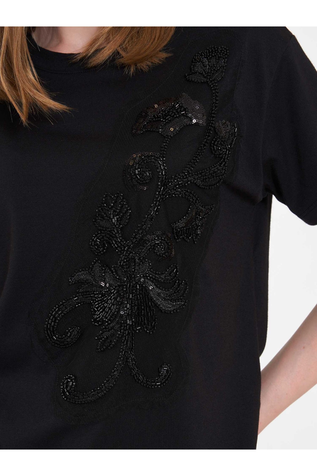 050741 T132 Bisiklet Yaka Boncuk Baskılı T-shirt