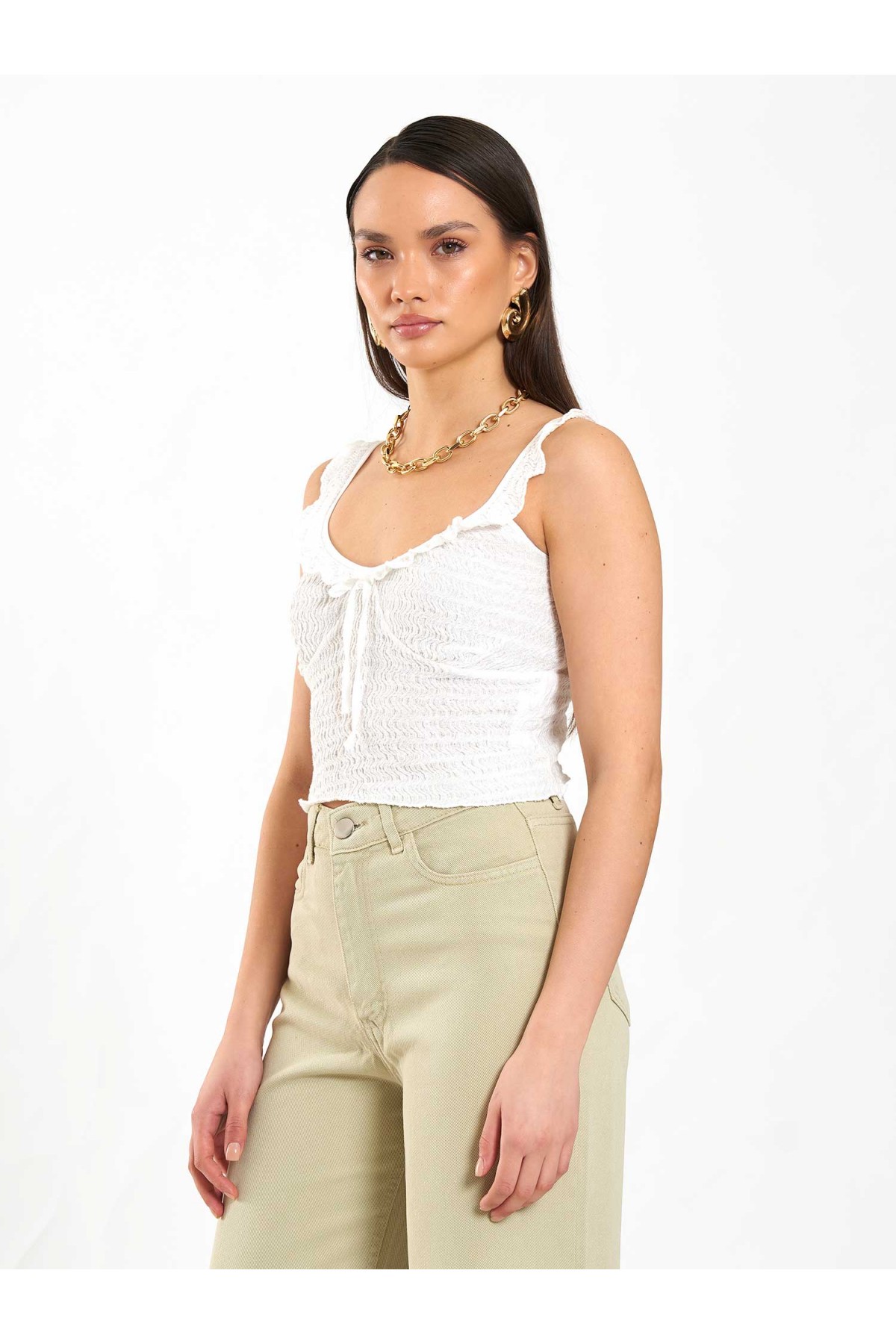 071887 Askılı Yakası Fırfır Bluz