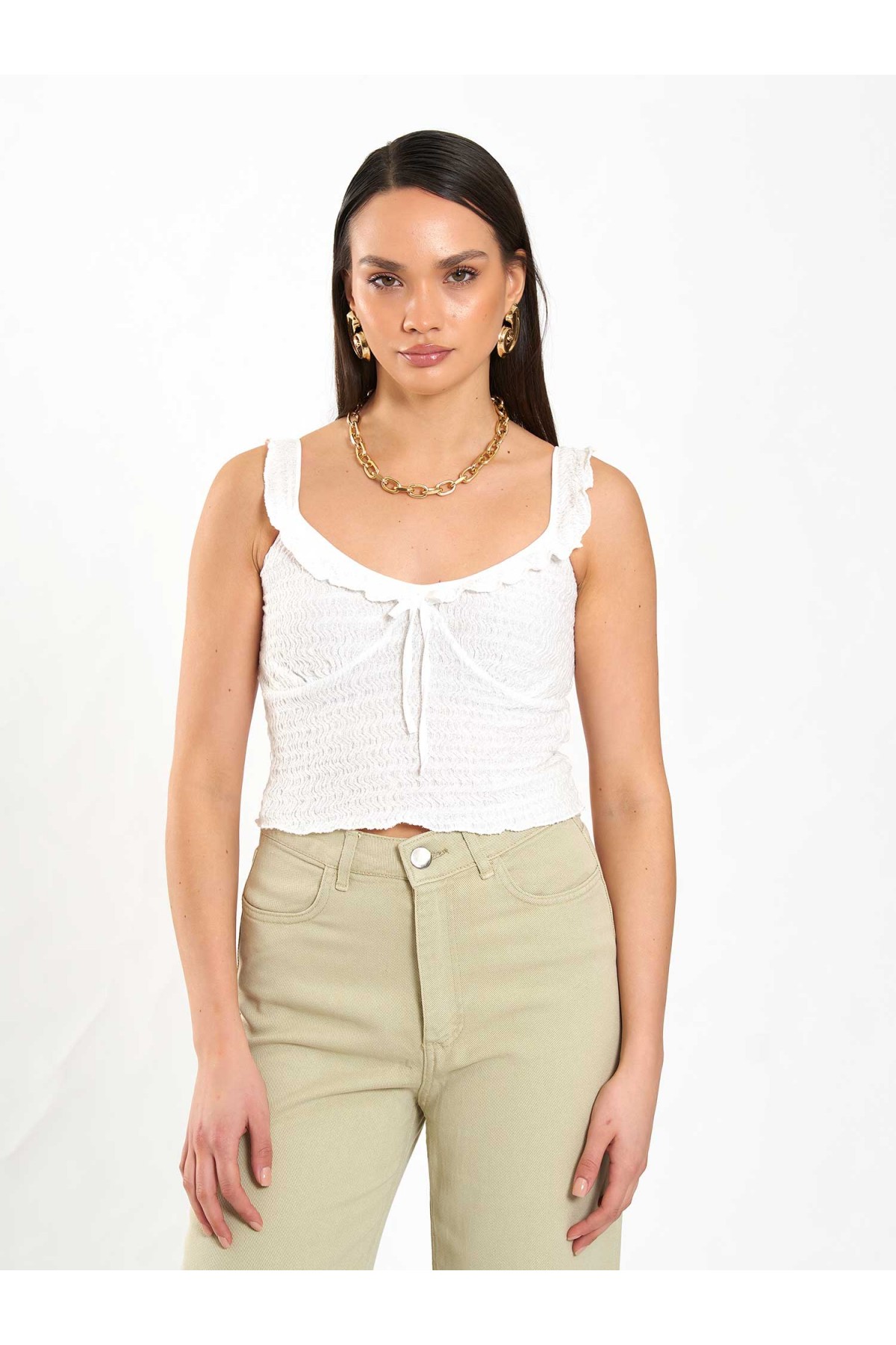 071887 Askılı Yakası Fırfır Bluz