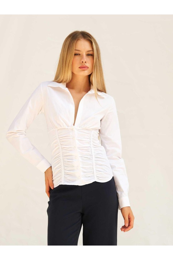 080889 Vücuda Oturan Beli Korsajlı Poplin Gömlek