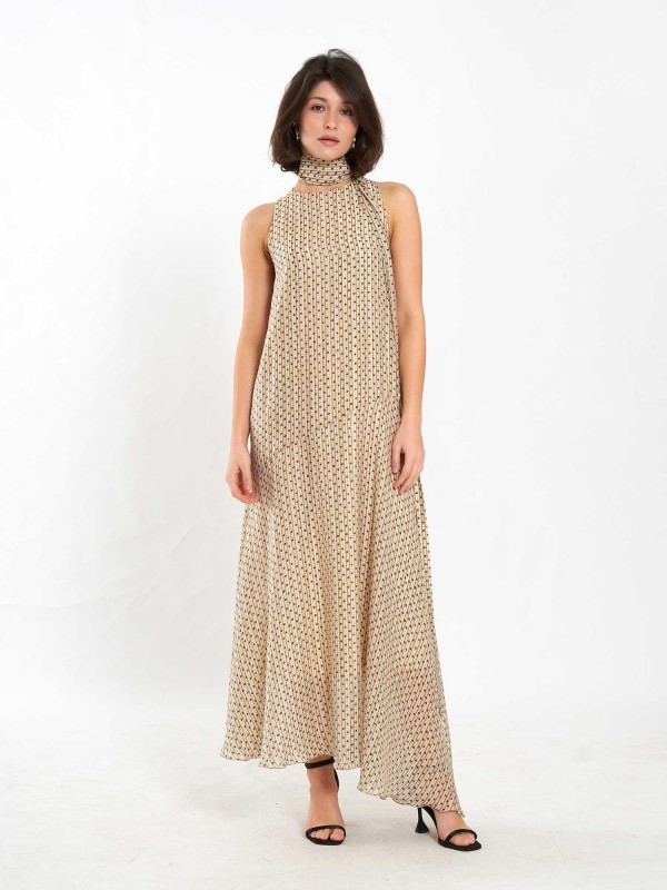 111709 Uzun Puantiyeli Şallı Elbise