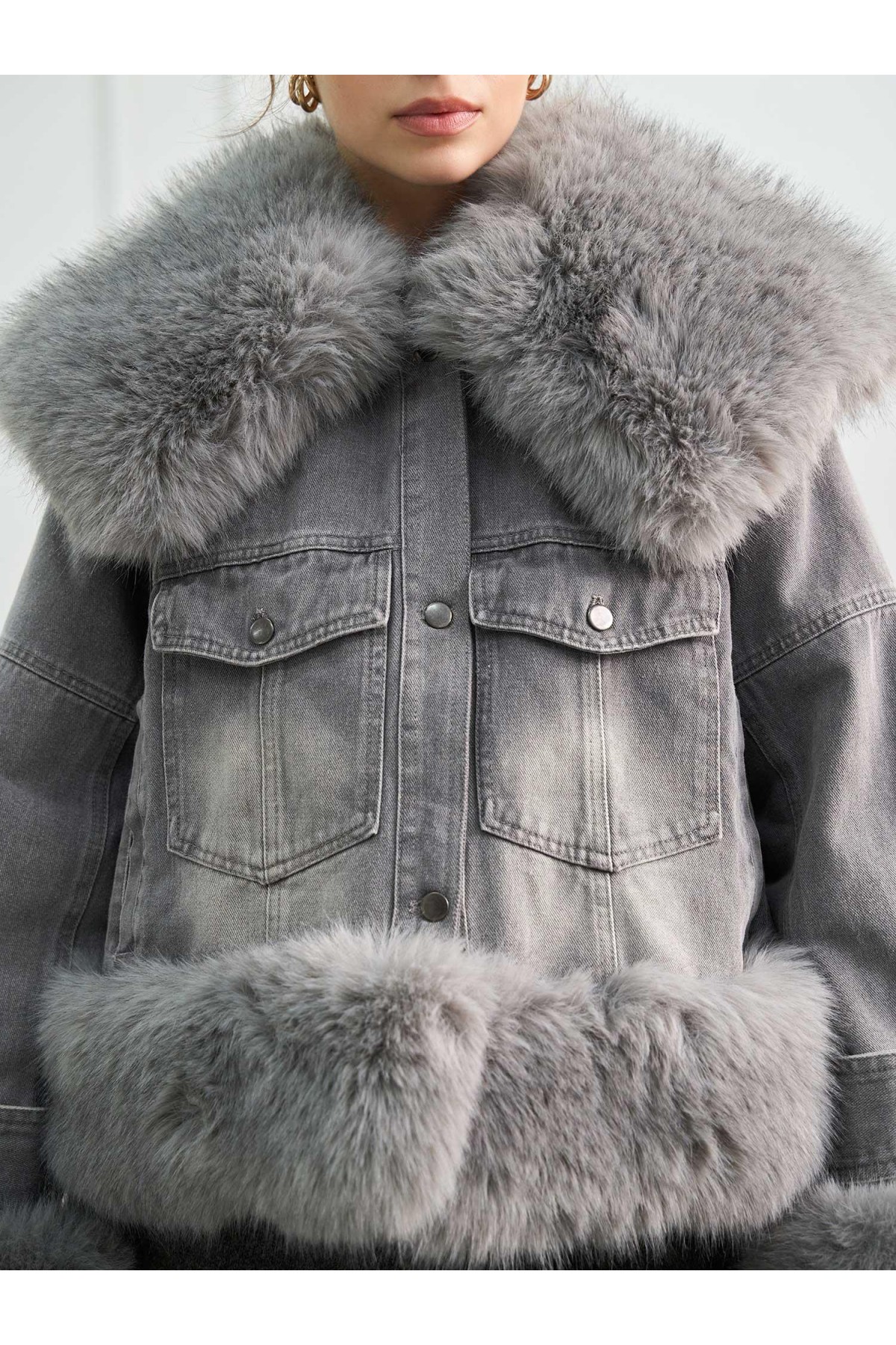 160956 Vintage Kürk Detaylı Denim Mont ZJYLM166